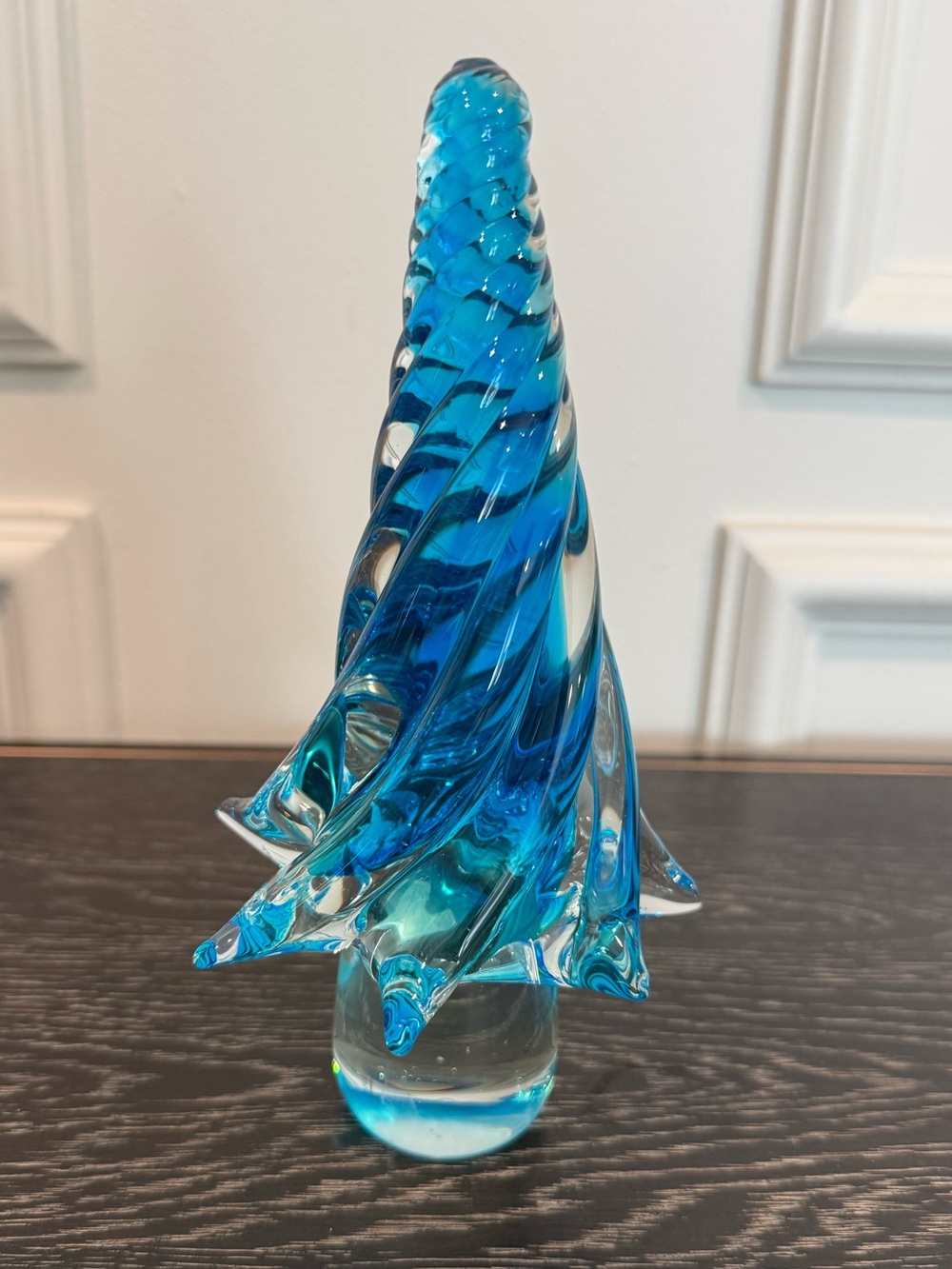 VTG Art Glass Christmas Tree Clear Blue Twisted